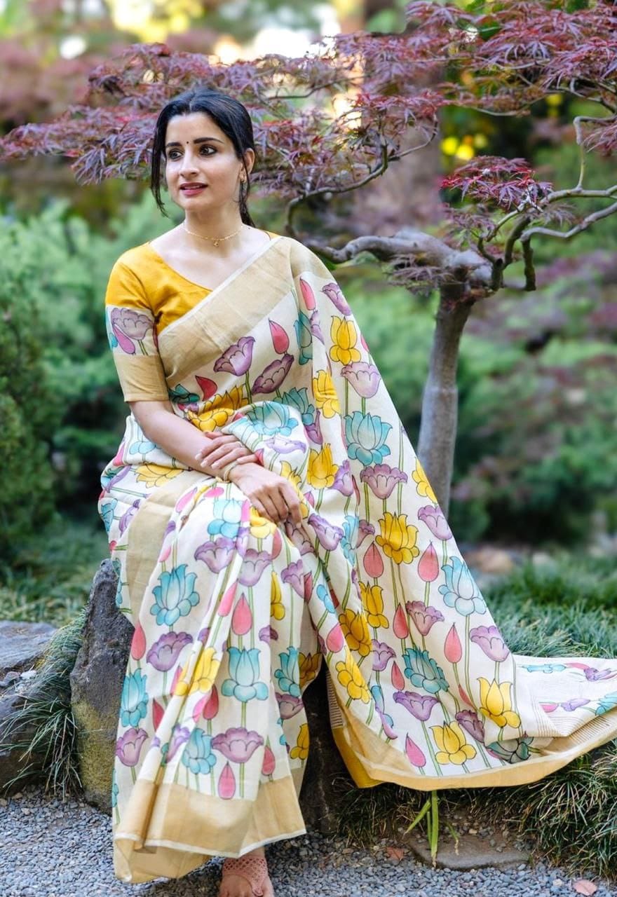 Cream Linen Saree with Multicolor Floral Print