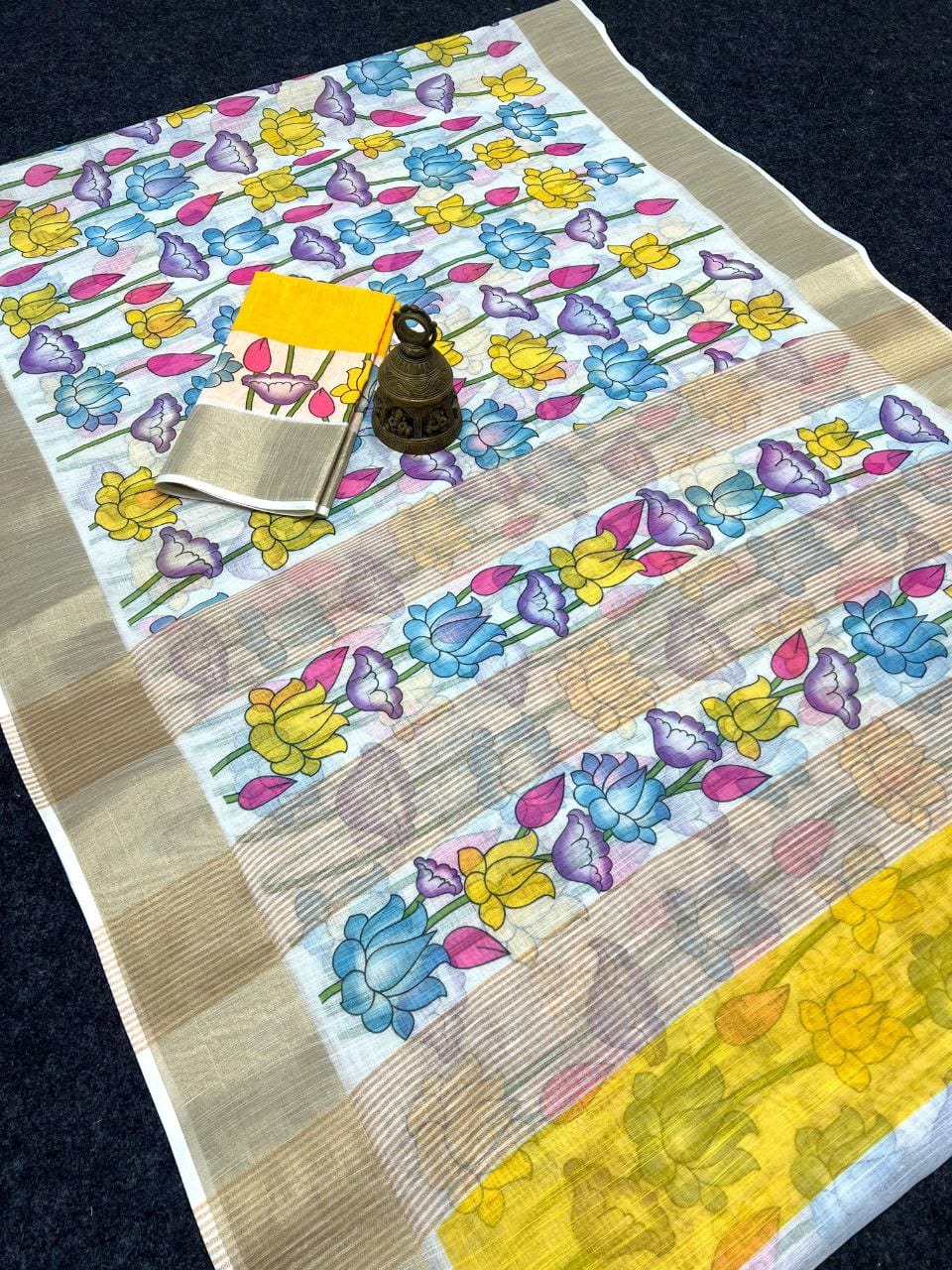 Cream Linen Saree with Multicolor Floral Print