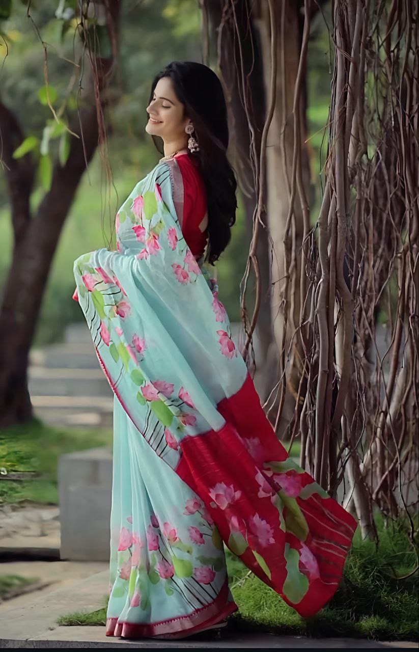 Aqua Linen Saree with Beautiful Lotus Print & Red Contrast Blouse