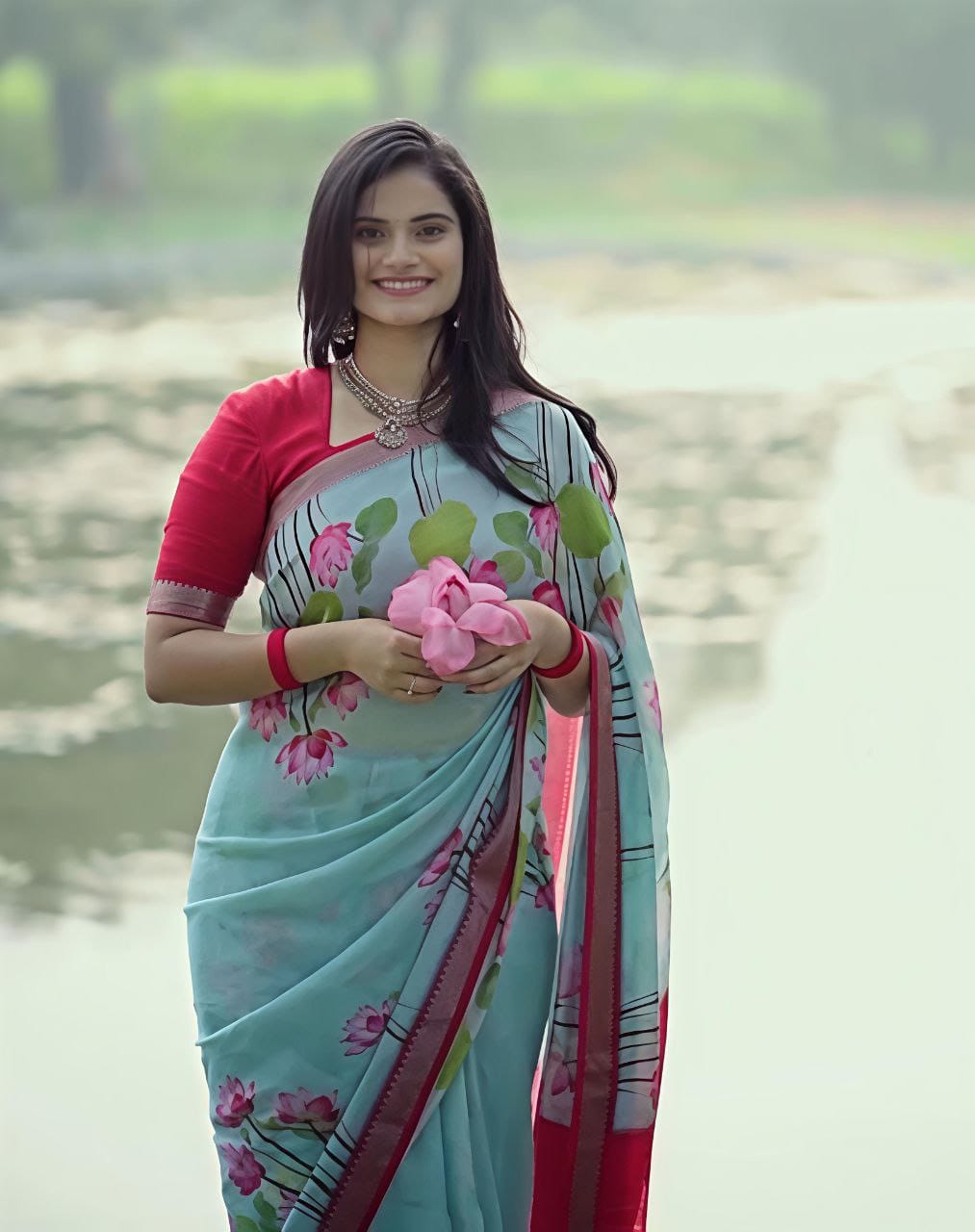 Aqua Linen Saree with Beautiful Lotus Print & Red Contrast Blouse