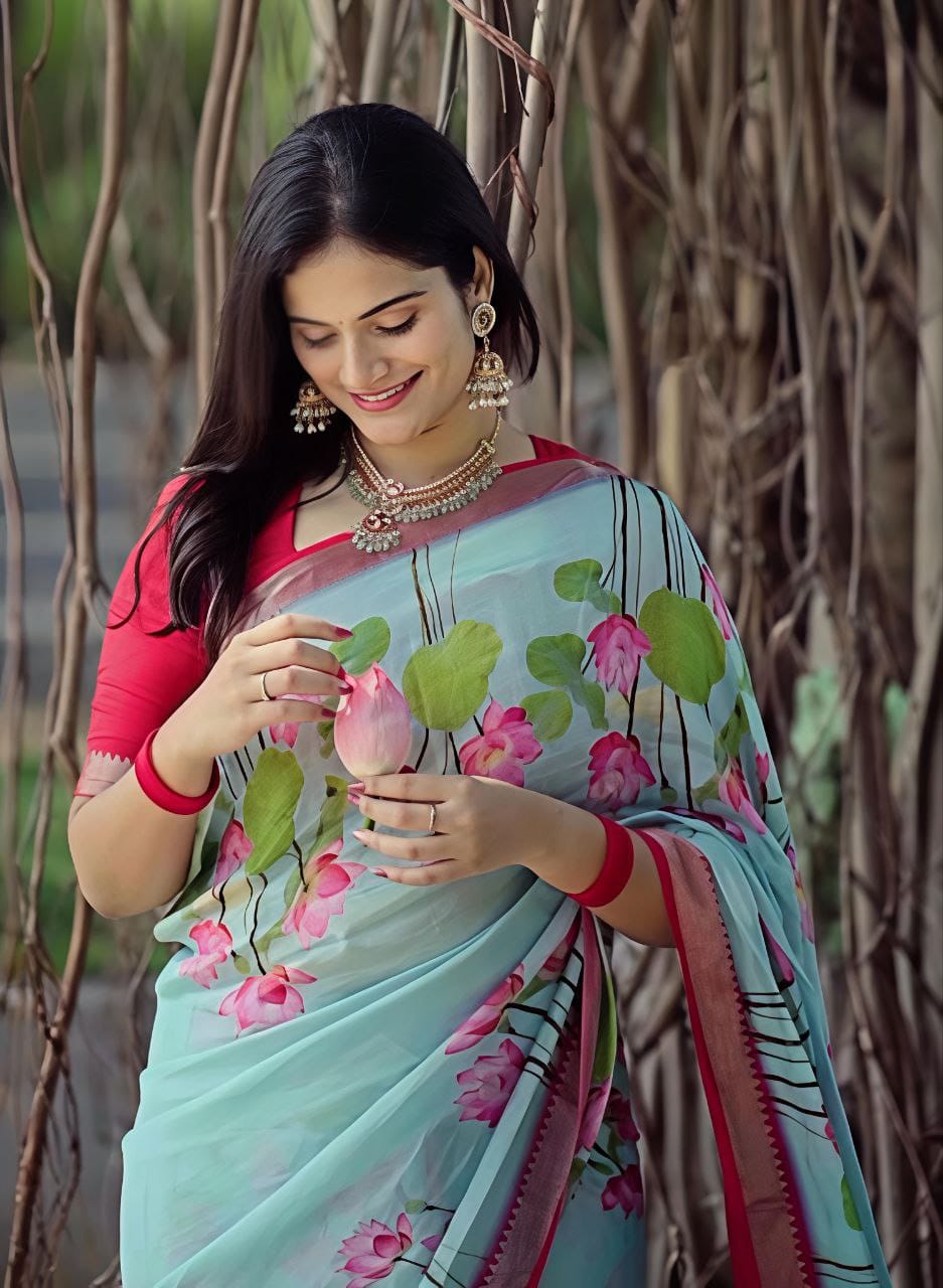 Aqua Linen Saree with Beautiful Lotus Print & Red Contrast Blouse