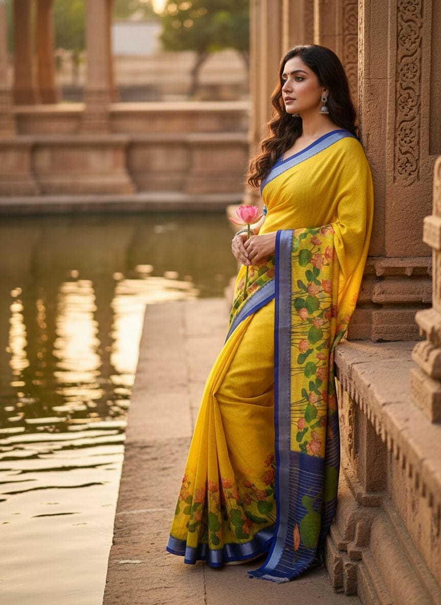 Yellow Linen Saree with Lotus Digital Print & Royal Blue Contrast Pallu
