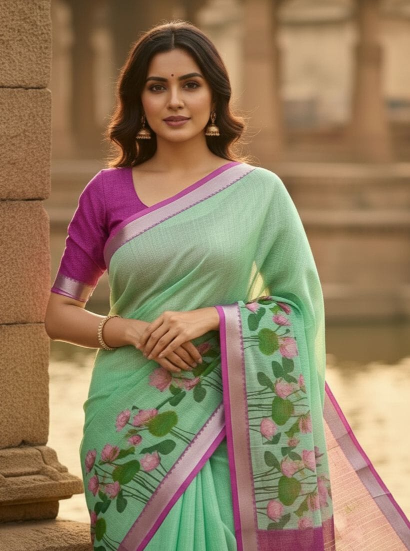 Floral Linen Saree in Mint Green with Pink Lotus Motifs