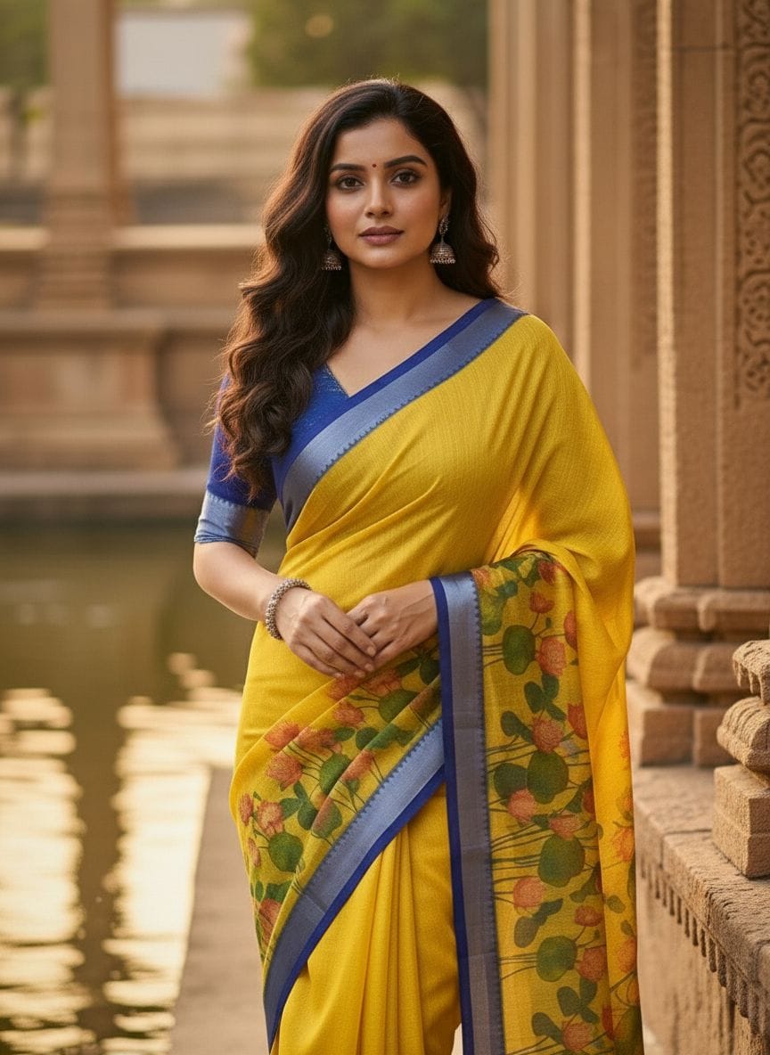 Yellow Linen Saree with Lotus Digital Print & Royal Blue Contrast Pallu
