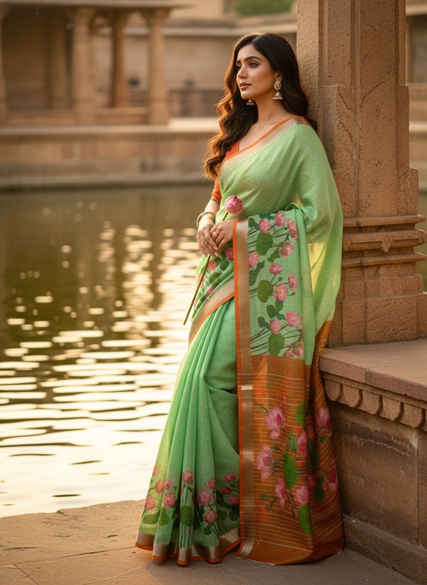 Floral Linen Saree in Mint Green with Pink Lotus Motifs