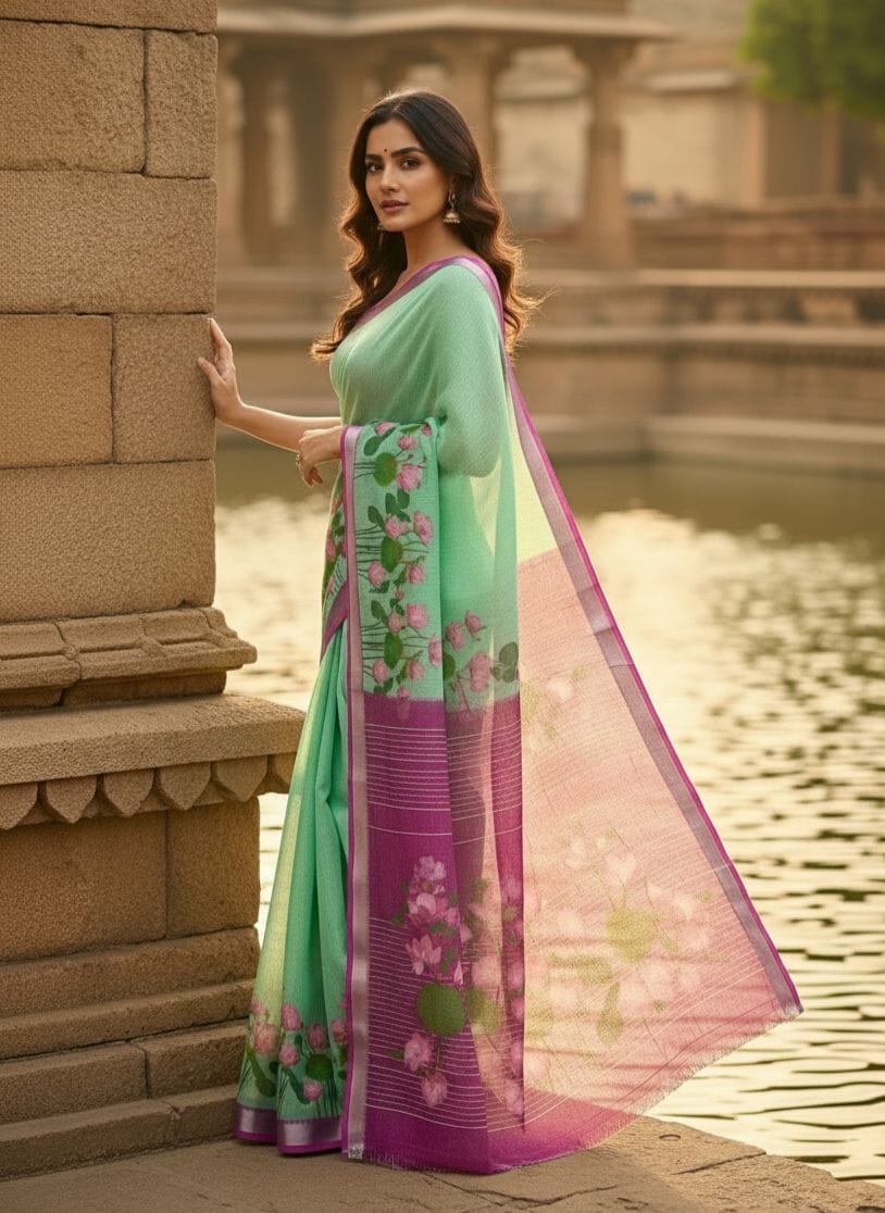 Floral Linen Saree in Mint Green with Pink Lotus Motifs
