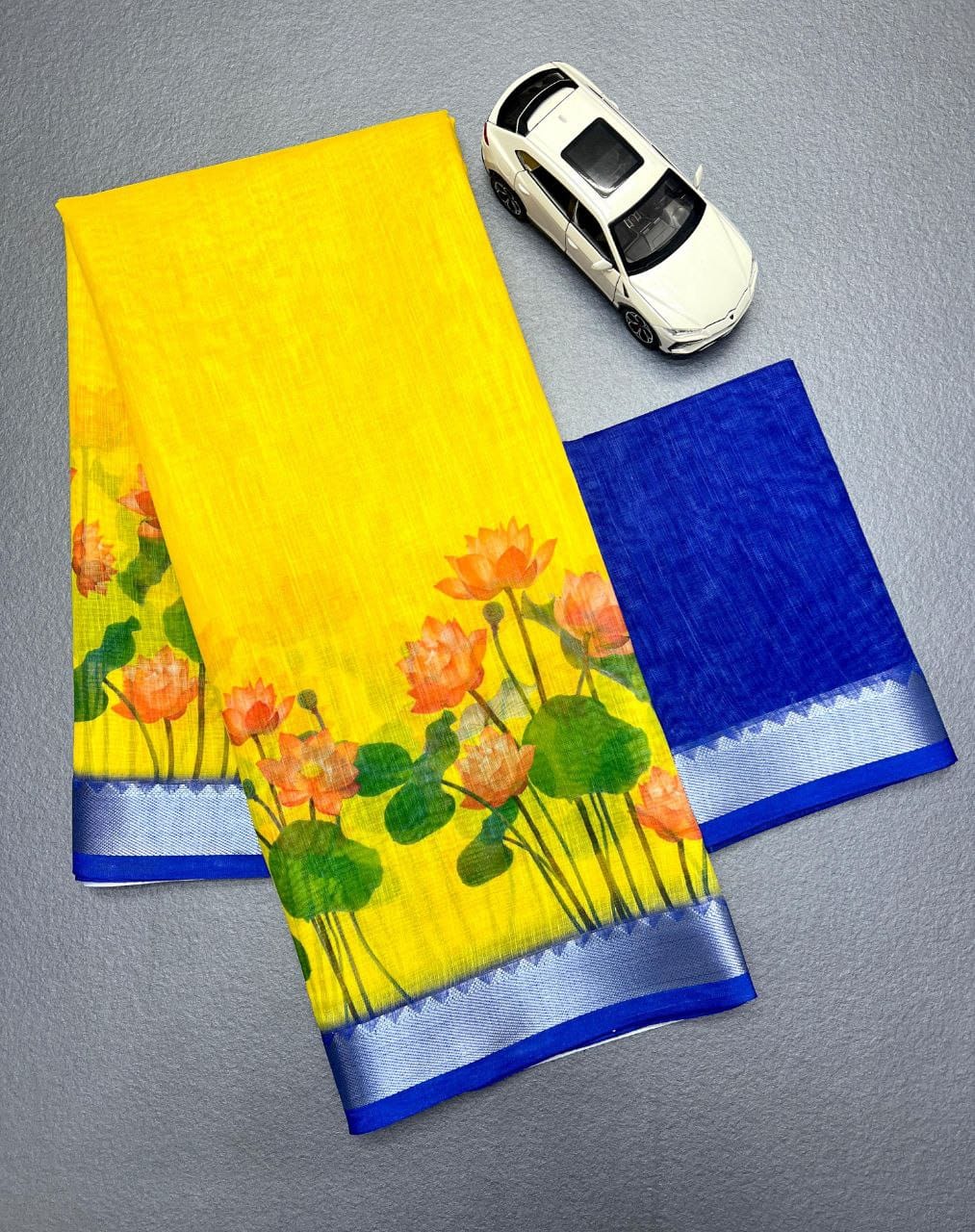 Yellow Linen Saree with Lotus Digital Print & Royal Blue Contrast Pallu