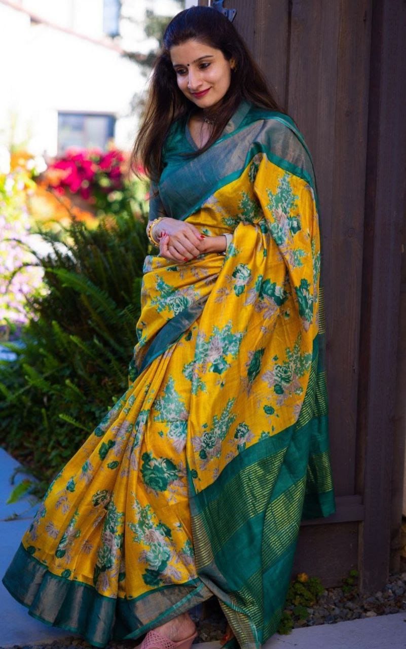 Elegant Linen Saree with Yellow Floral Body & Green Pallu