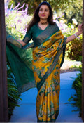 Elegant Linen Saree with Yellow Floral Body & Green Pallu