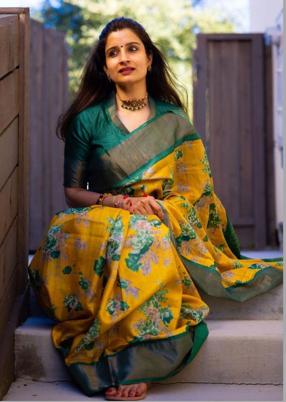 Elegant Linen Saree with Yellow Floral Body & Green Pallu