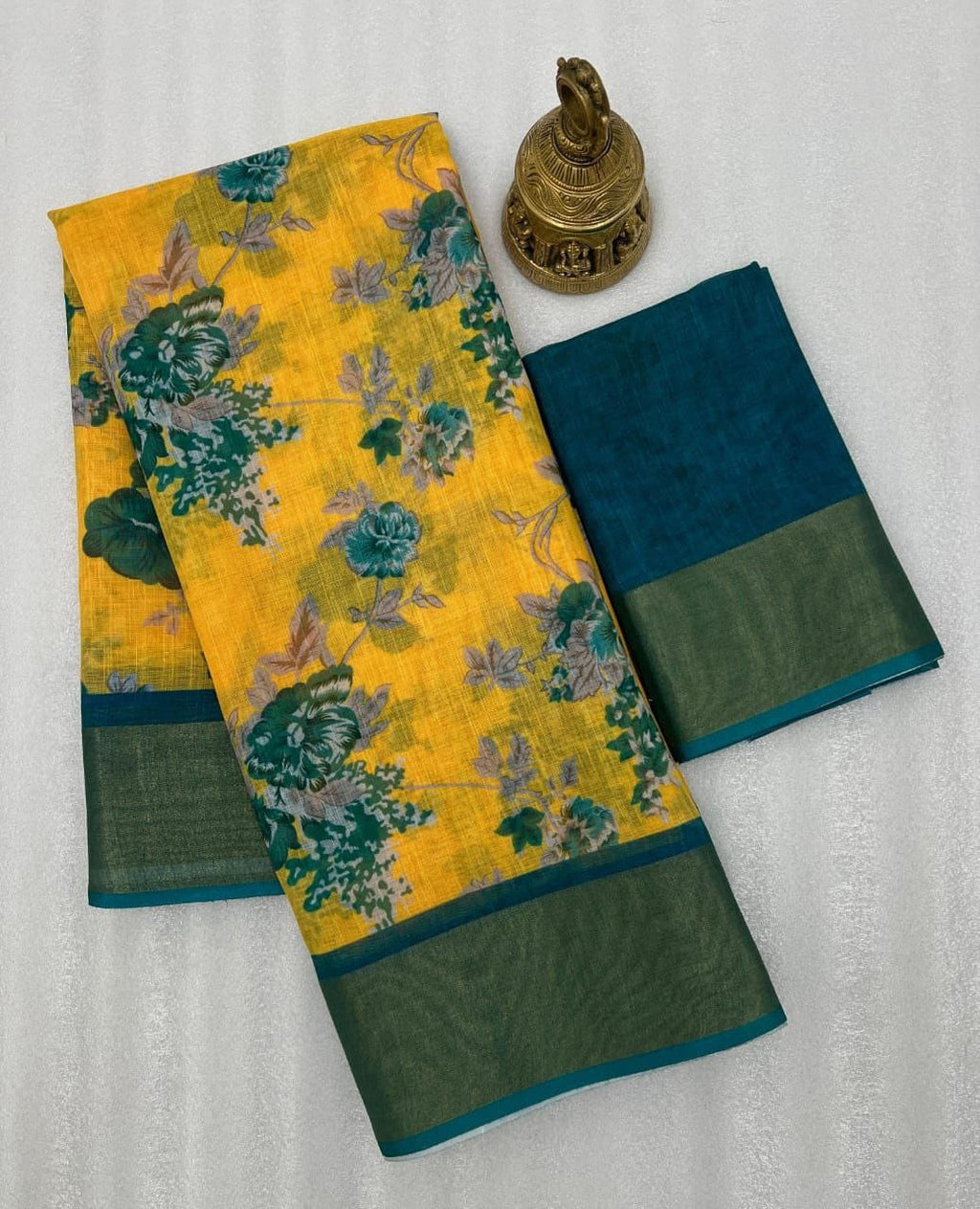 Elegant Linen Saree with Yellow Floral Body & Green Pallu