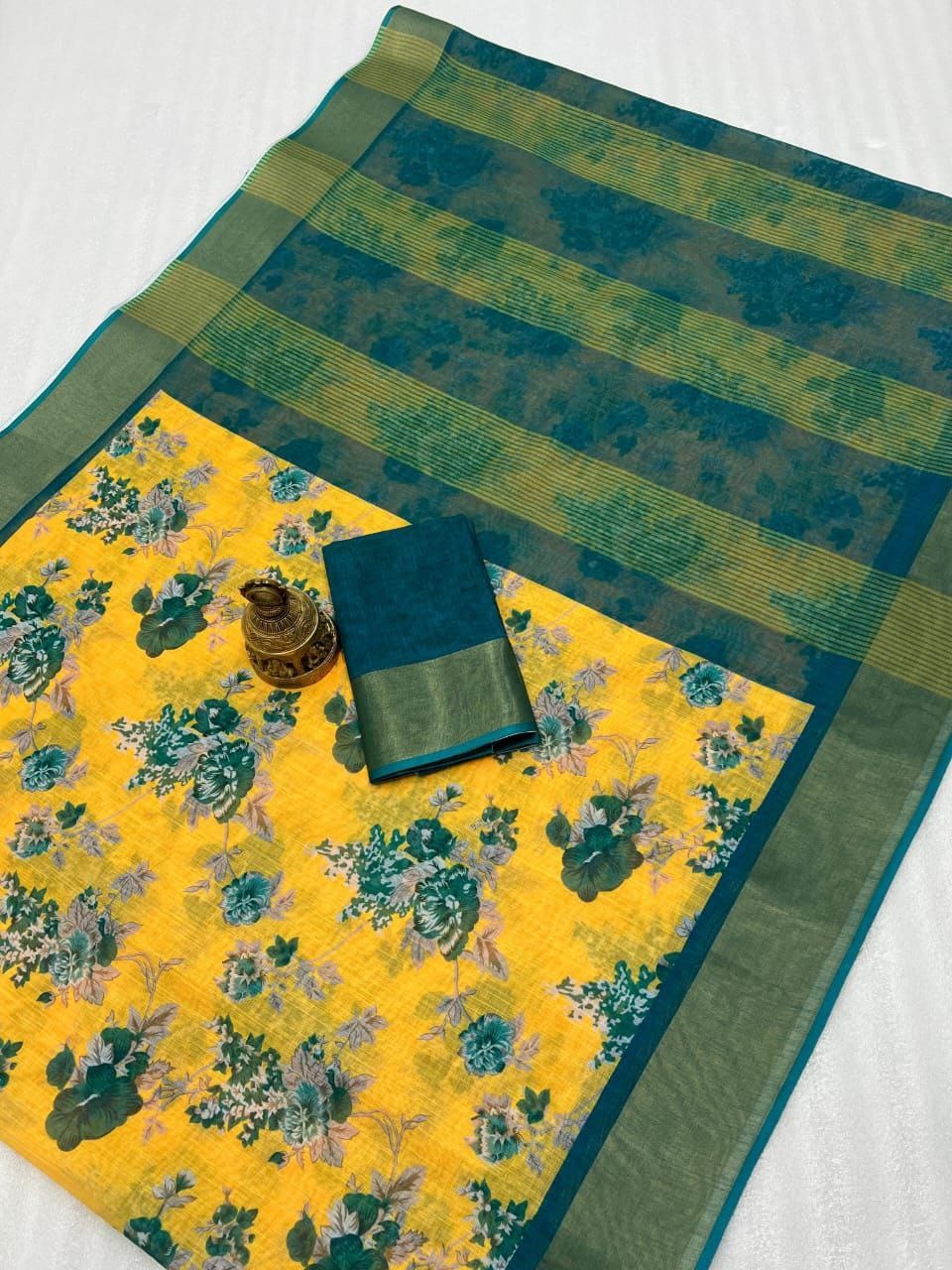 Elegant Linen Saree with Yellow Floral Body & Green Pallu