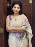 Premium Linen Saree in Cream with Hand-Style Purple Florals