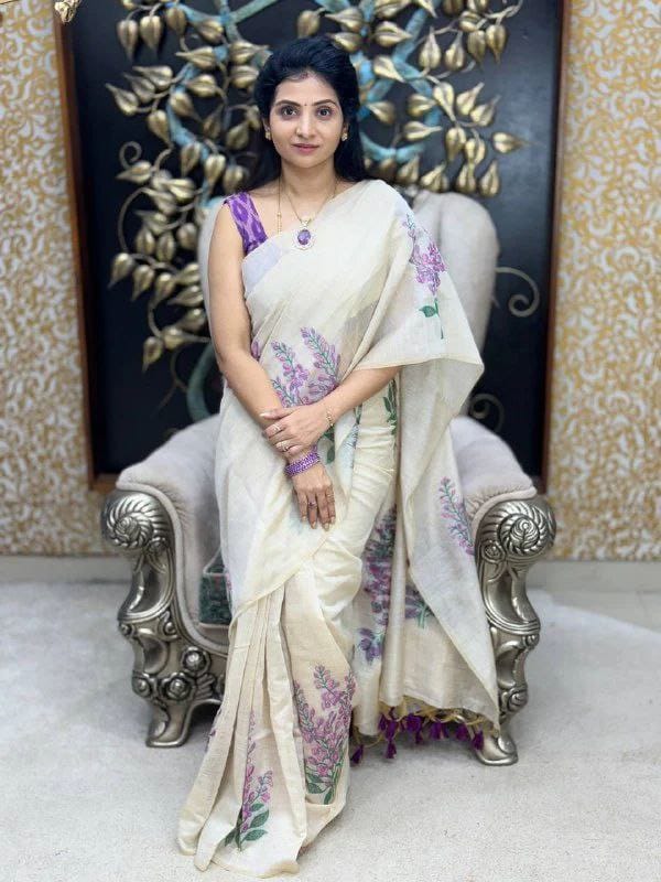 Premium Linen Saree in Cream with Hand-Style Purple Florals