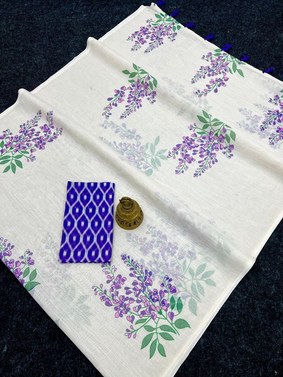 Premium Linen Saree in Cream with Hand-Style Purple Florals