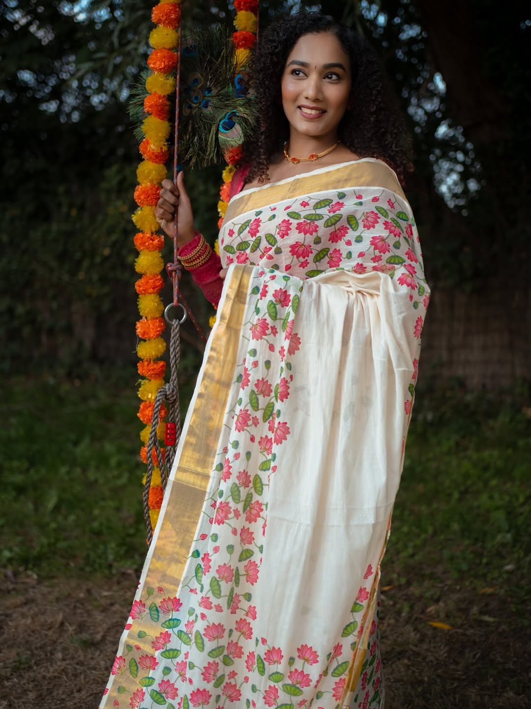 Elegant Linen Cotton Saree with Lotus Digital Print and Golden Border