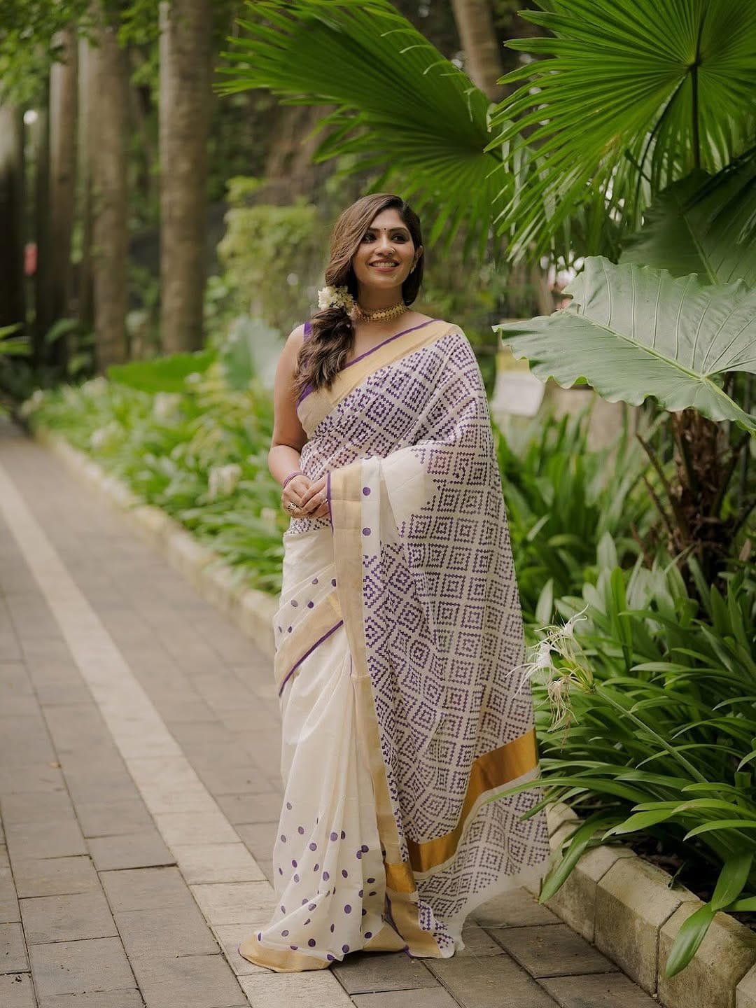 Elegant Cream Cotton Saree with Purple Geometric Print