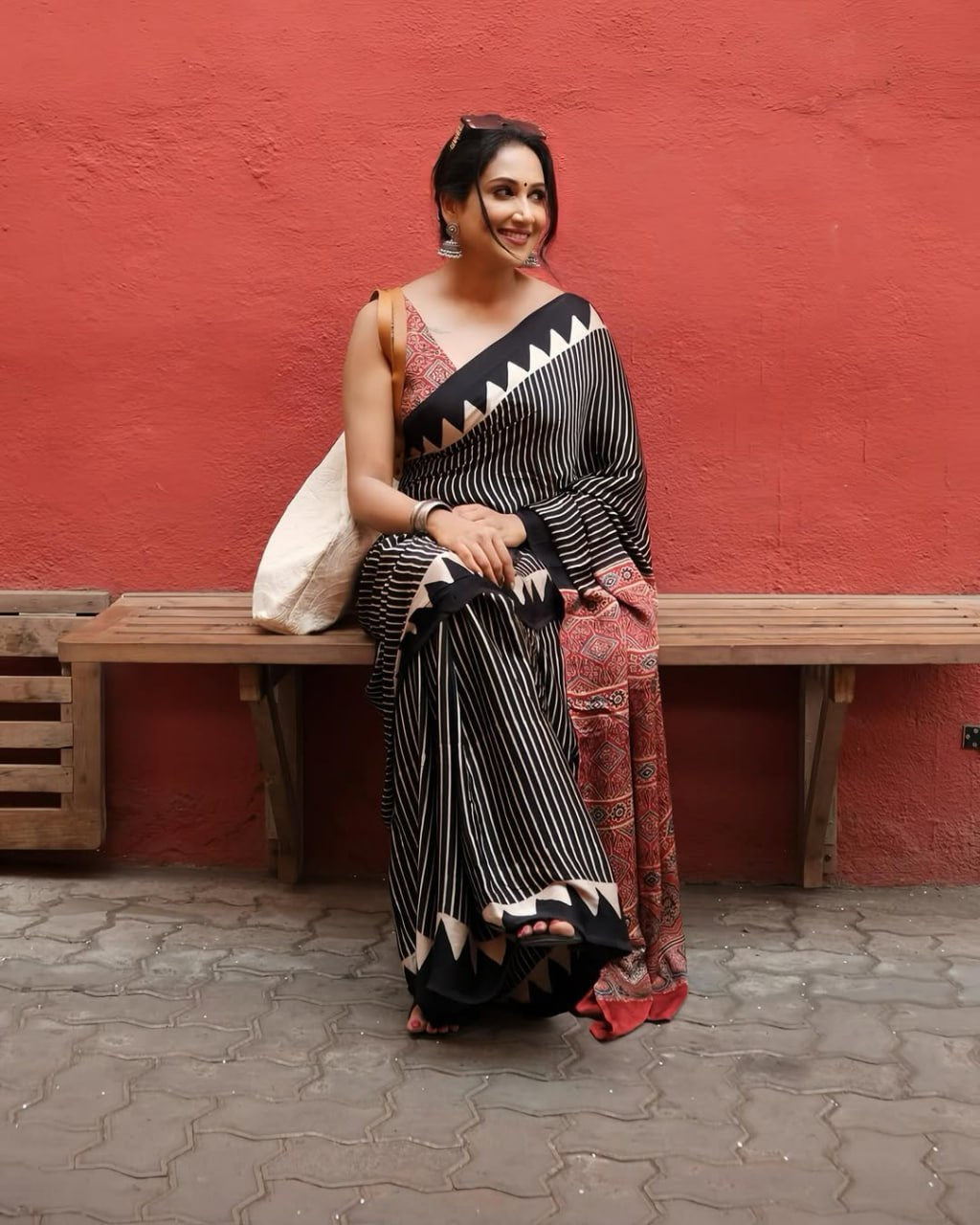 Traditional Red Ajrakh Pallu and Stripe Semi Gajji Saree