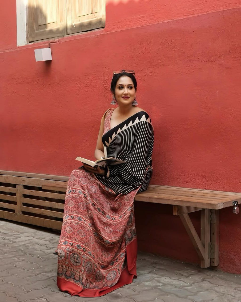 Traditional Red Ajrakh Pallu and Stripe Semi Gajji Saree