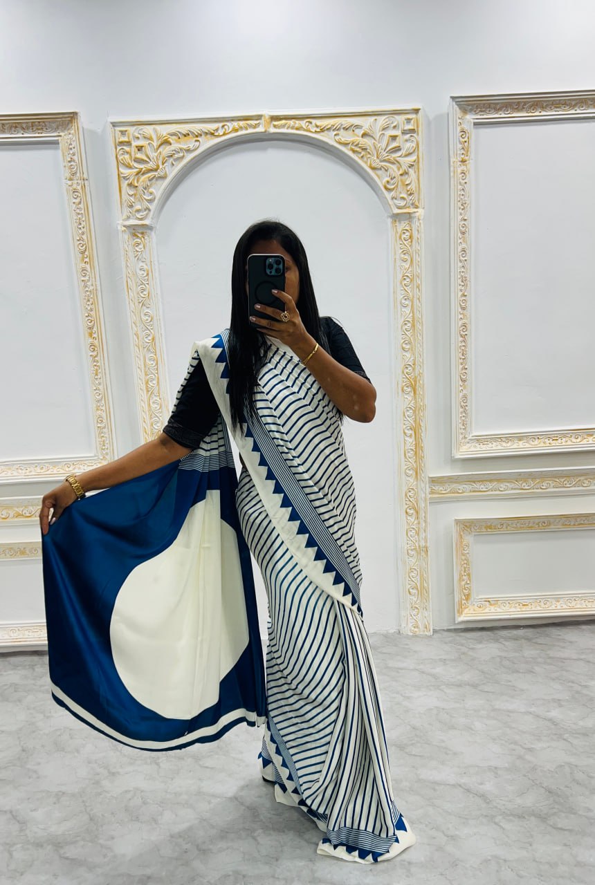 Trendy Blue & Off-White Abstract Print Saree with Modern Design