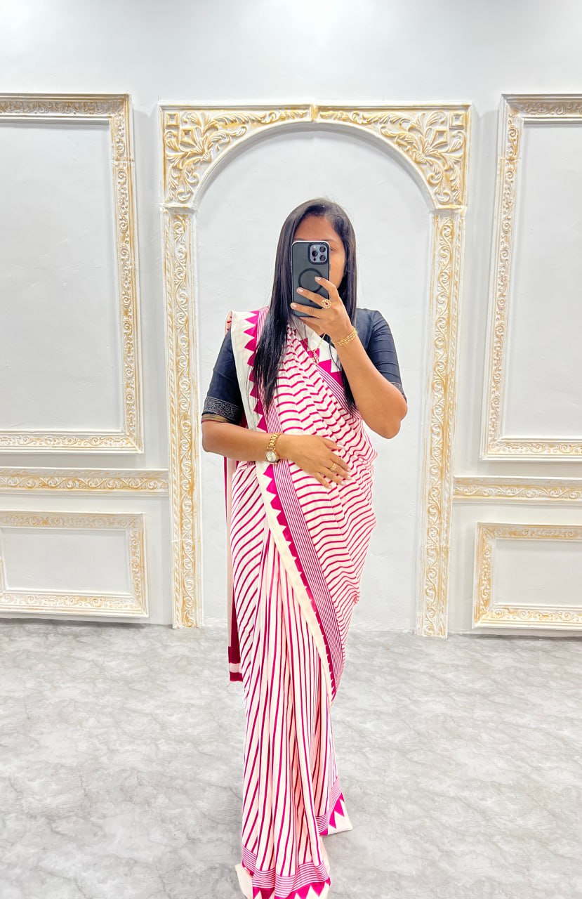 Trendy Pink & Off-White Abstract Print Saree with Modern Design