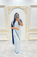 Trendy Blue & Off-White Abstract Print Saree with Modern Design