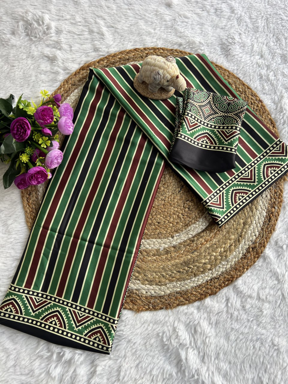 Designer Stripe Green & Maroon Pattern Semi Gajji Party & Casual Wear Saree