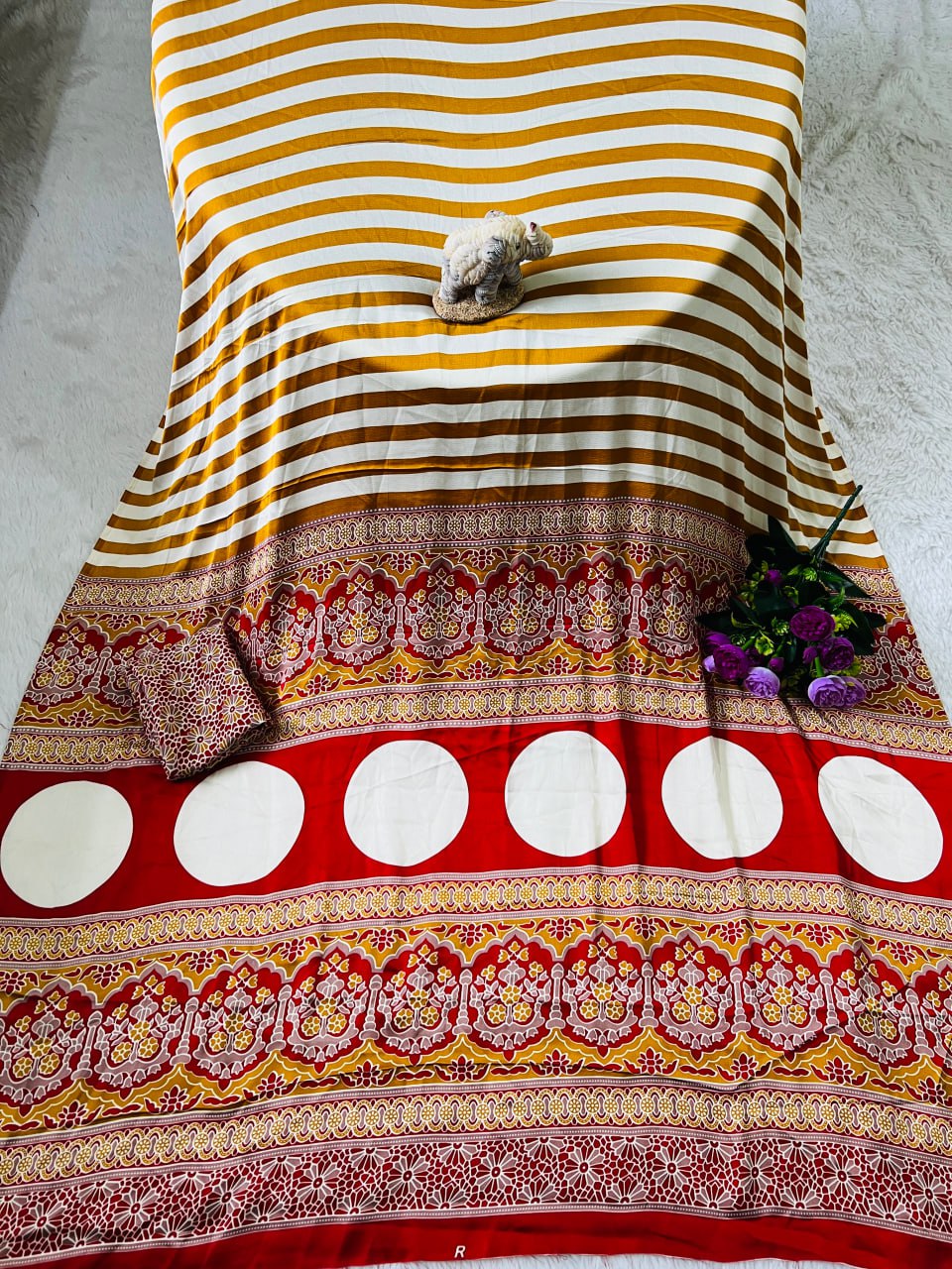 Traditional Ajrakh Inspired Mustard & White Striped Saree with Bold Red Pallu