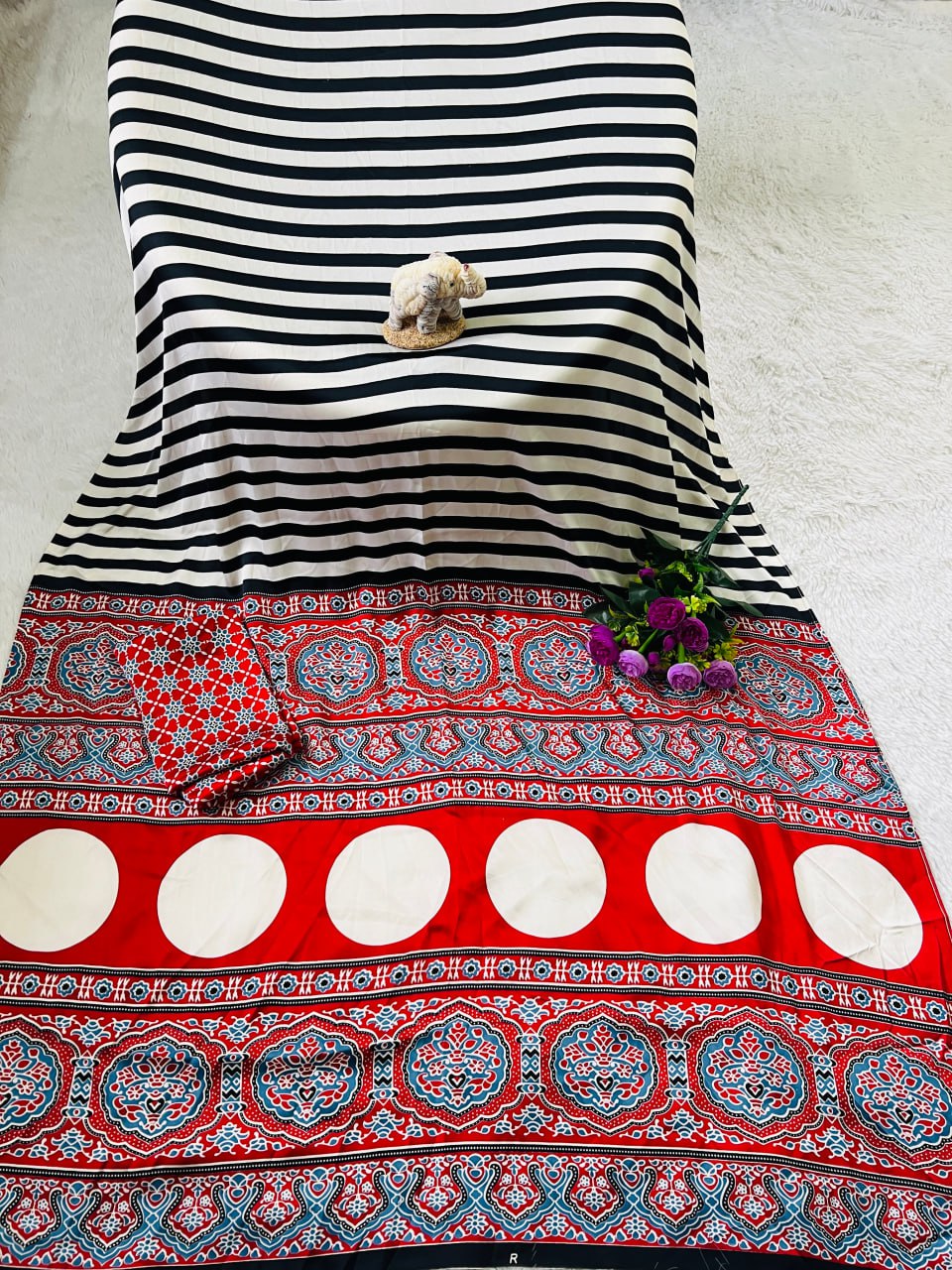 Traditional Ajrakh Inspired Black & White Striped Saree with Bold Red Pallu