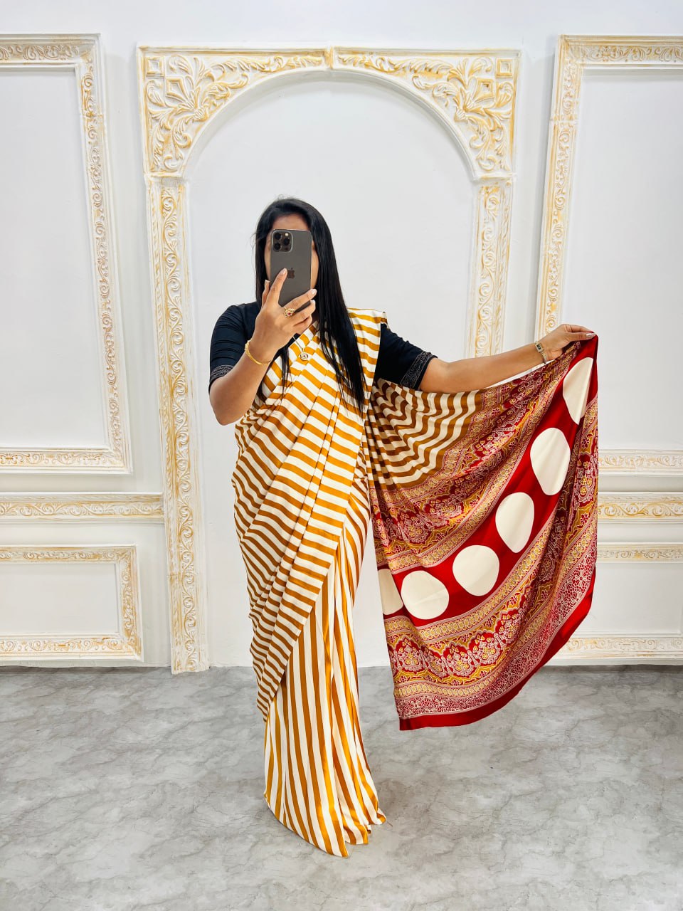 Traditional Ajrakh Inspired Mustard & White Striped Saree with Bold Red Pallu