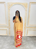 Traditional Ajrakh Inspired Mustard & White Striped Saree with Bold Red Pallu