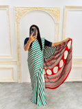 Traditional Ajrakh Inspired Green & White Striped Saree with Bold Red Pallu
