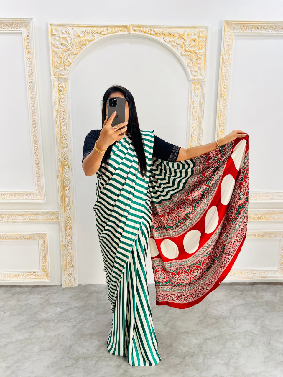Traditional Ajrakh Inspired Green & White Striped Saree with Bold Red Pallu