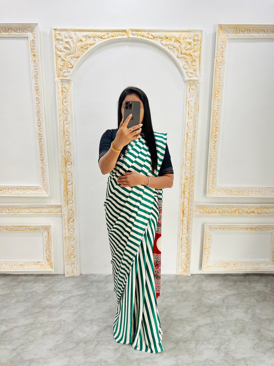 Traditional Ajrakh Inspired Green & White Striped Saree with Bold Red Pallu