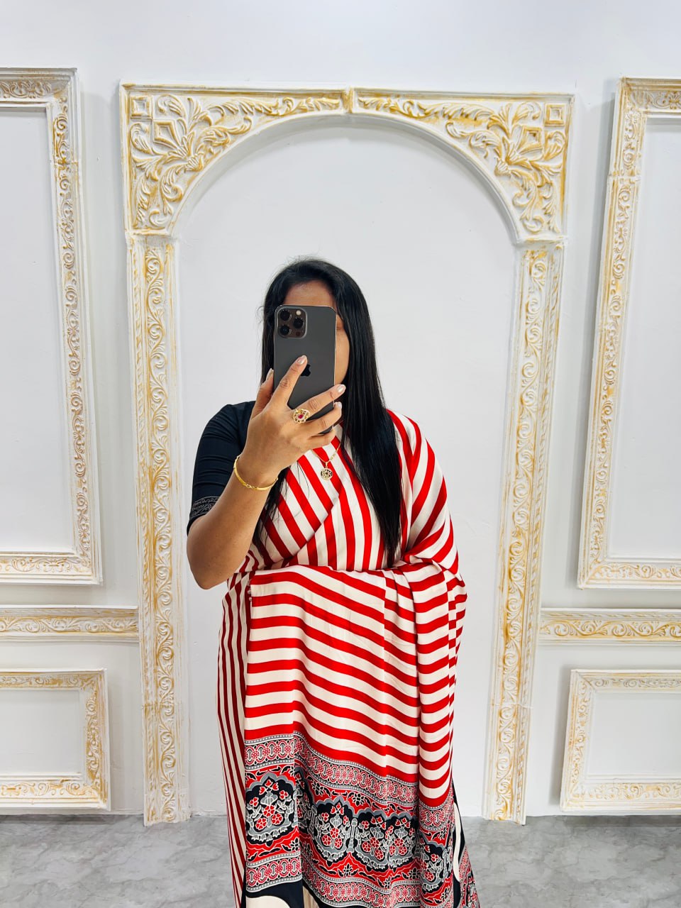 Traditional Ajrakh Inspired  Pink & White Striped Saree with Bold Black Pallu