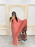 Traditional Ajrakh Inspired  Pink & White Striped Saree with Bold Black Pallu
