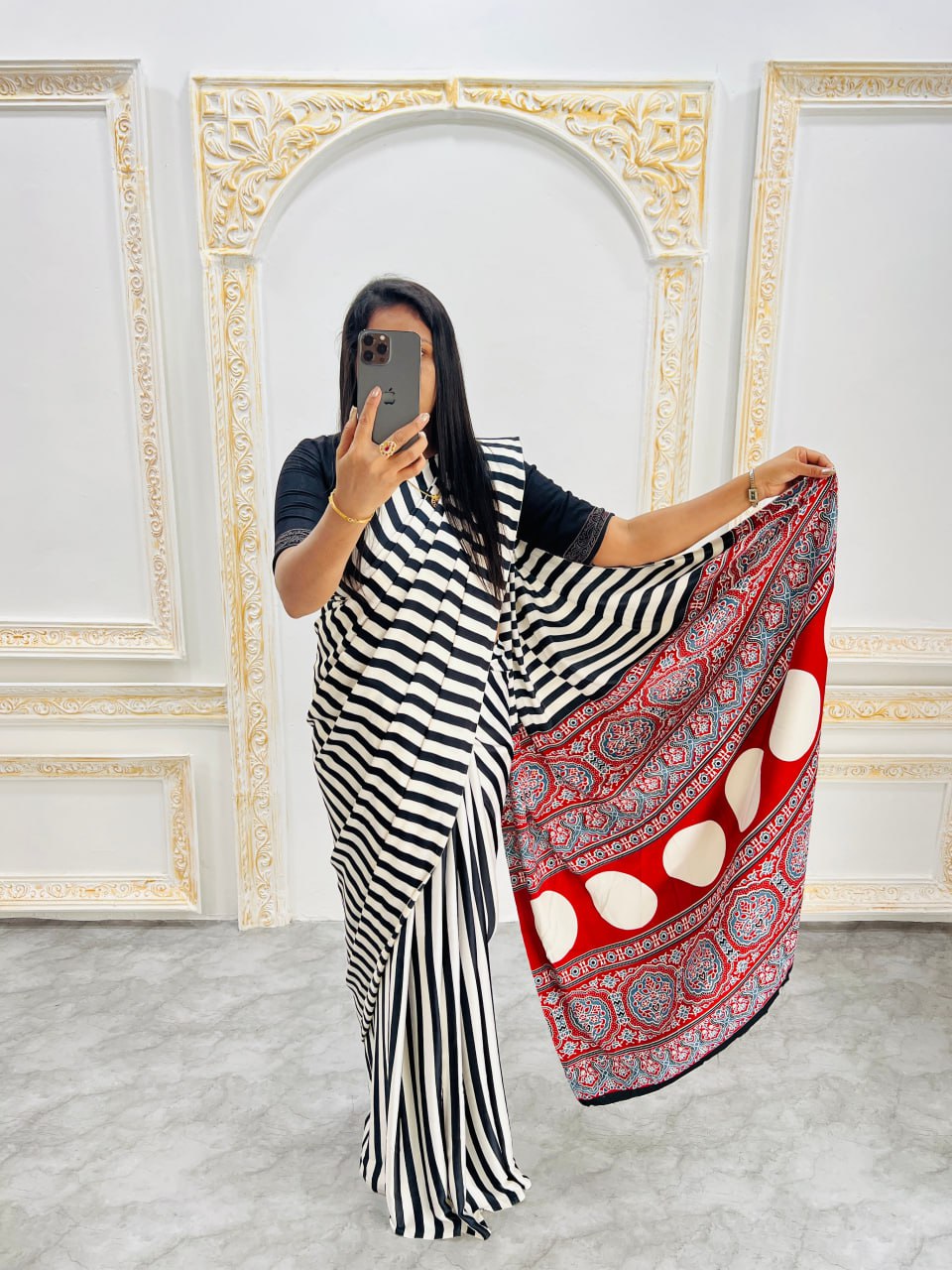 Traditional Ajrakh Inspired Black & White Striped Saree with Bold Red Pallu