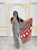 Traditional Ajrakh Inspired Black & White Striped Saree with Bold Red Pallu