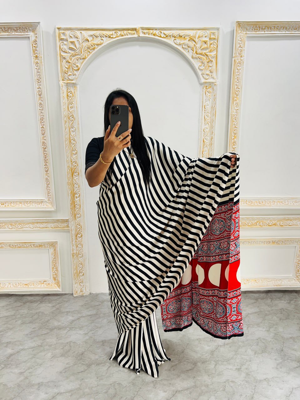 Traditional Ajrakh Inspired Black & White Striped Saree with Bold Red Pallu