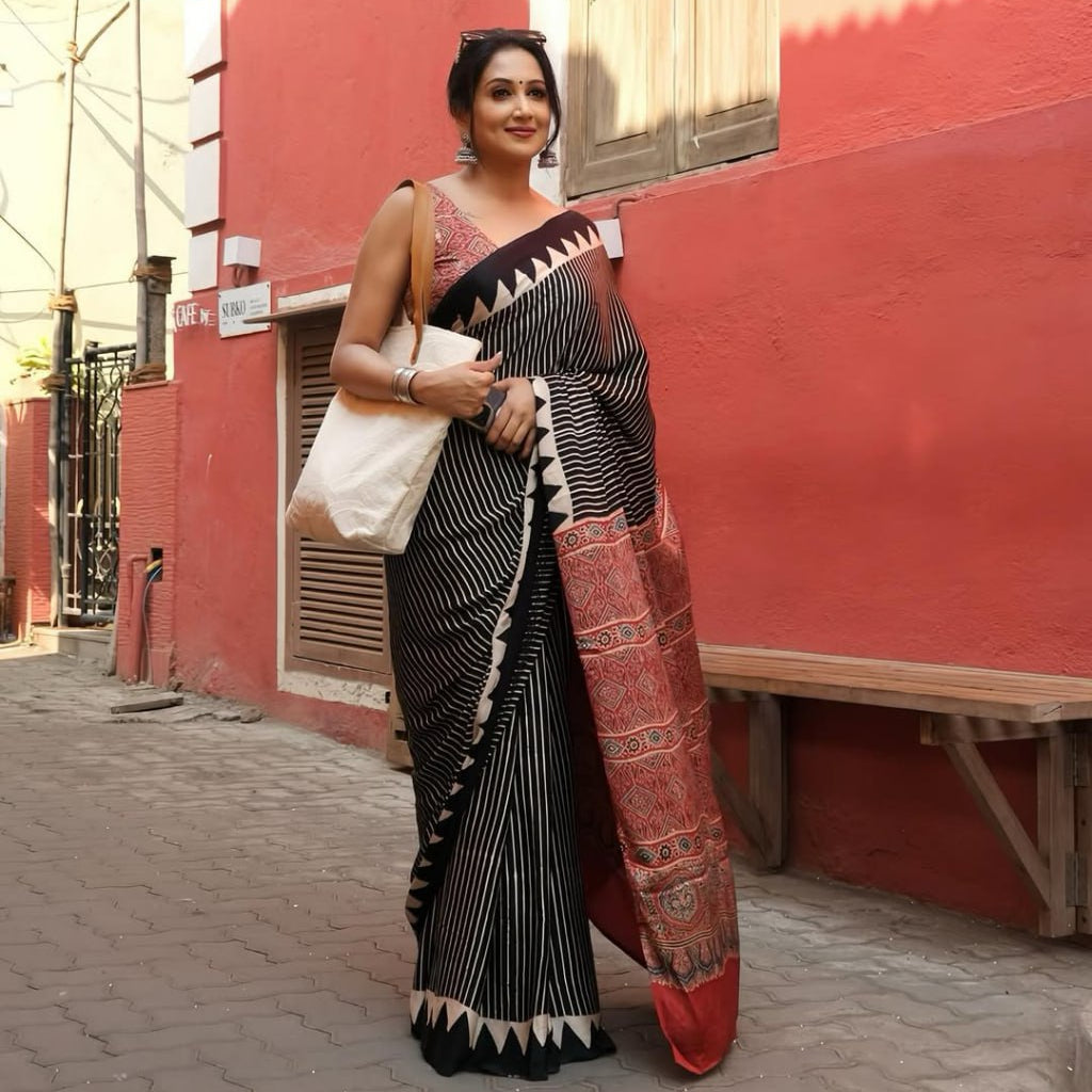 Traditional Red Ajrakh Pallu and Stripe Semi Gajji Saree