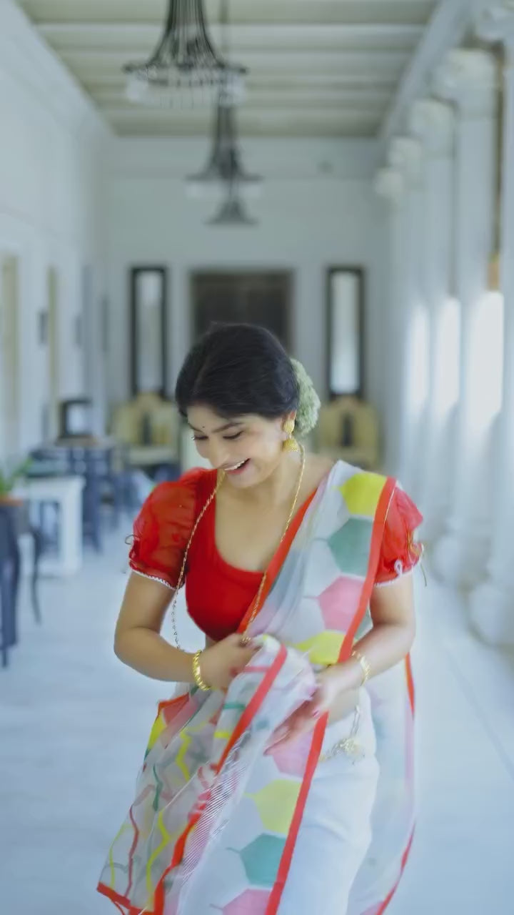 Elegant Digital Print Linen Saree with Multicolor Geometric Pattern