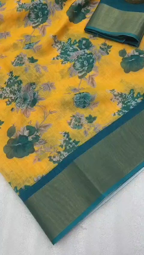 Elegant Linen Saree with Yellow Floral Body & Green Pallu