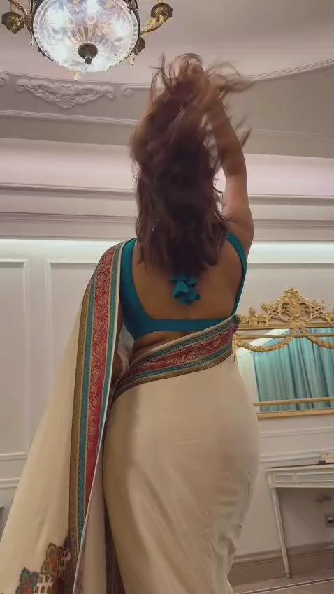 Royal Mughal-Inspired Multicolor Printed Saree - White