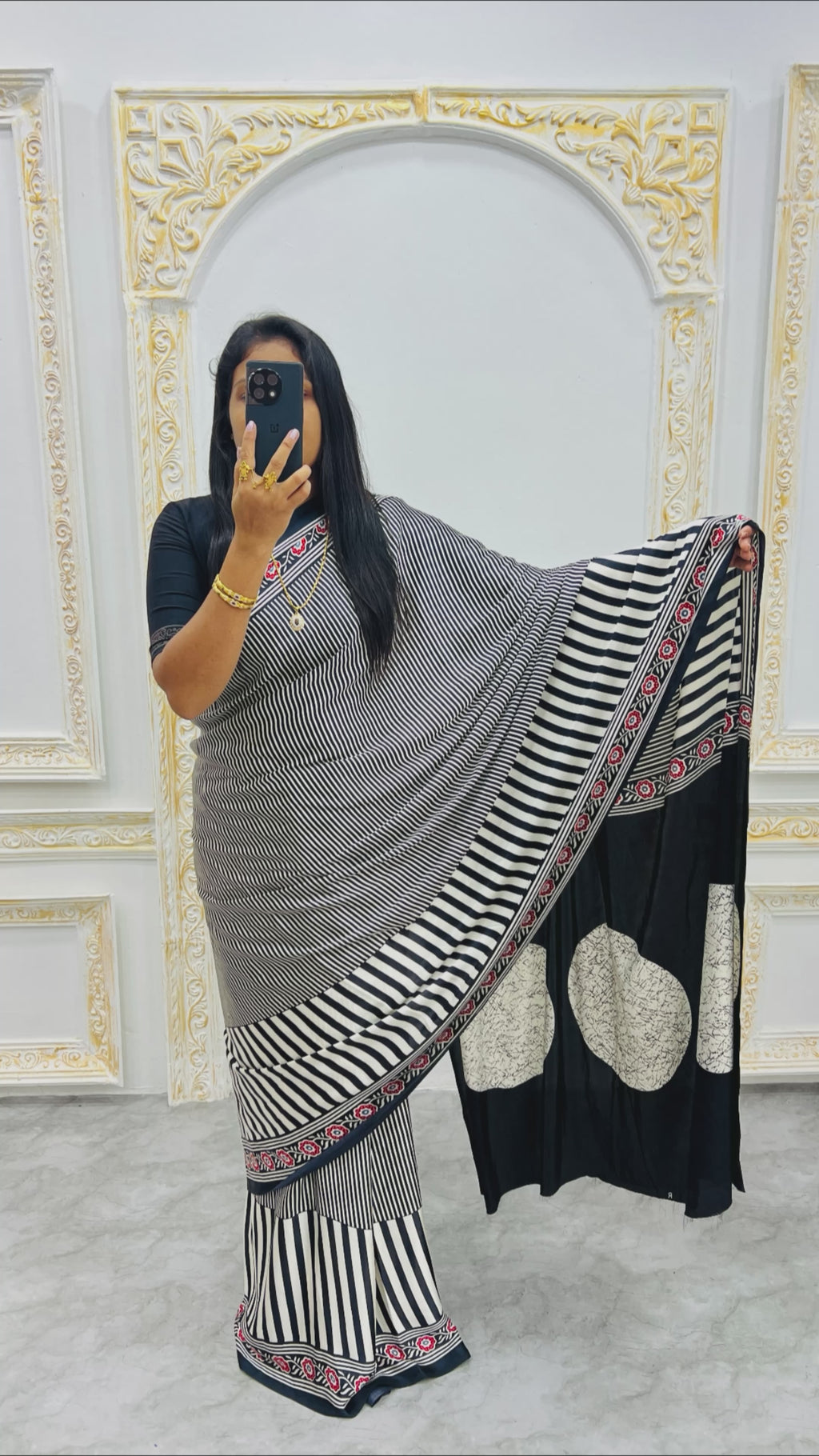 Teal Blue Designer Saree with Stripes and Bold Circular Print Border