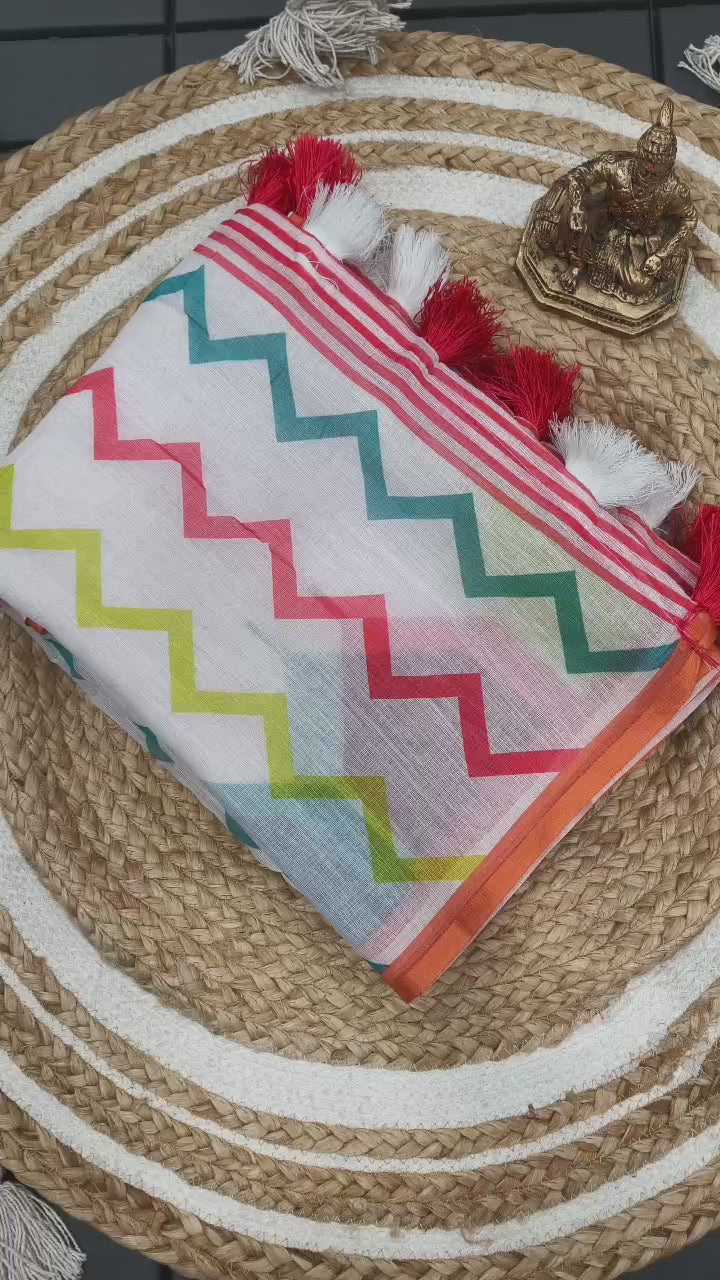 Elegant Digital Print Linen Saree with Multicolor Geometric Pattern