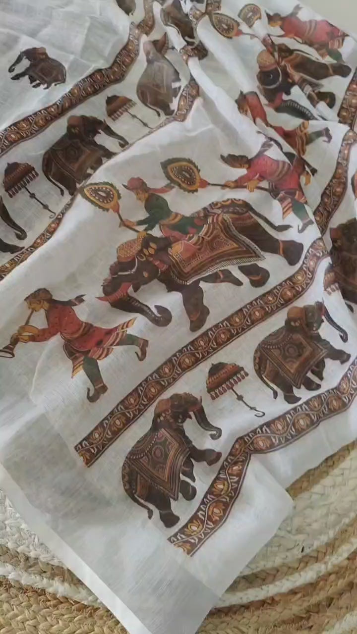 White Linen Saree with Ethnic Tribal and Elephant Print