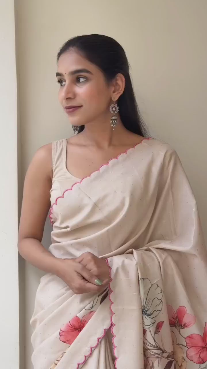 Cream Floral Print Soft Linen Saree with Matching Blouse Piece