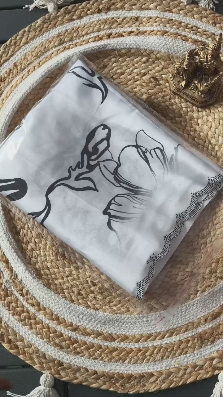 Elegant White & Black Floral Printed Silk Saree