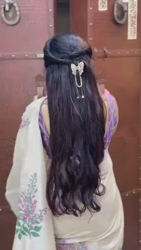 Premium Linen Saree in Cream with Hand-Style Purple Florals