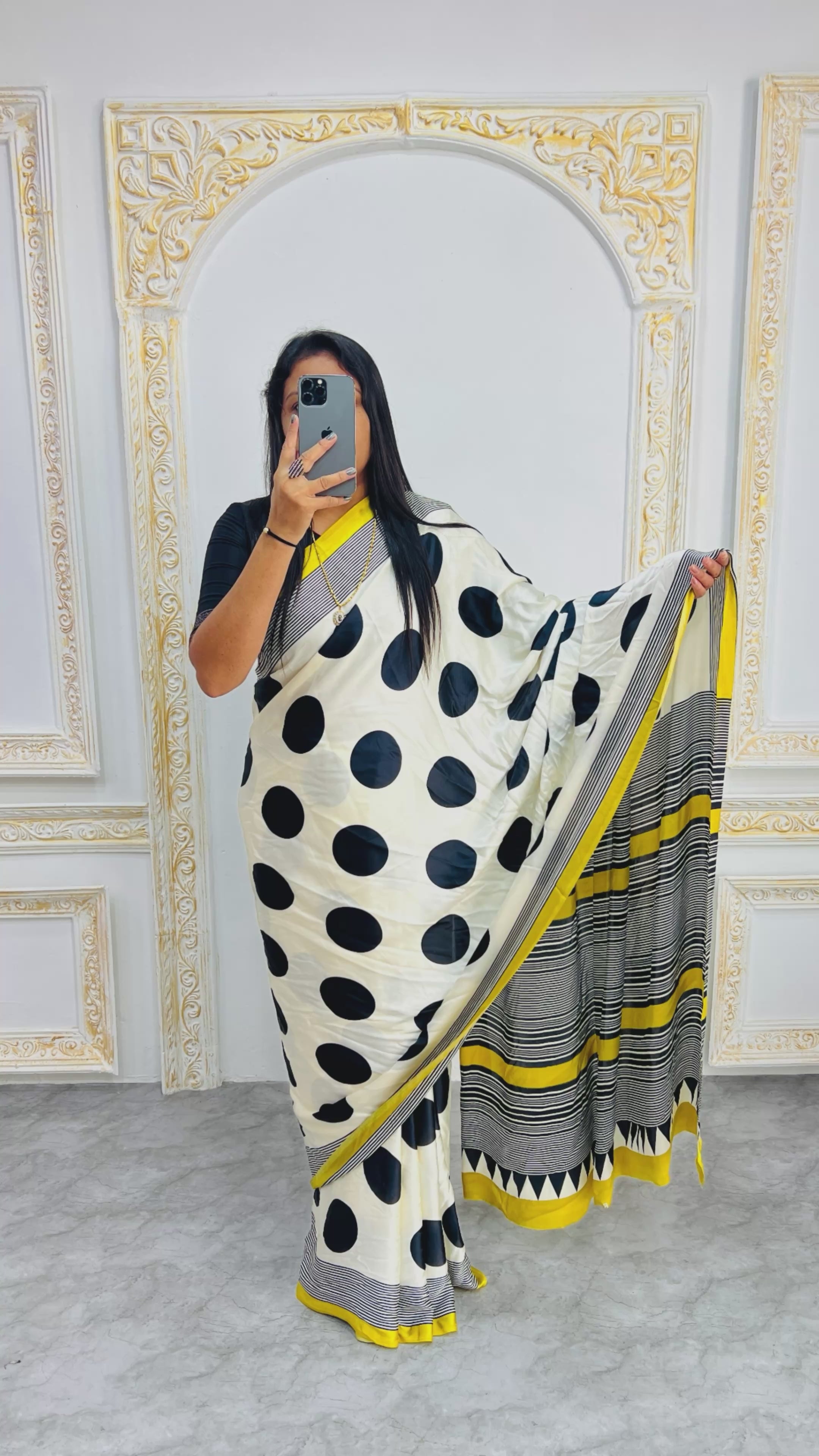 Trendy Polka Print Saree in Monochrome with Vibrant Yellow Edging